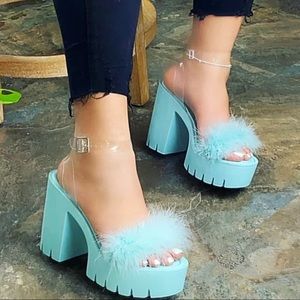 Aqua fluffy chunky block platform heels